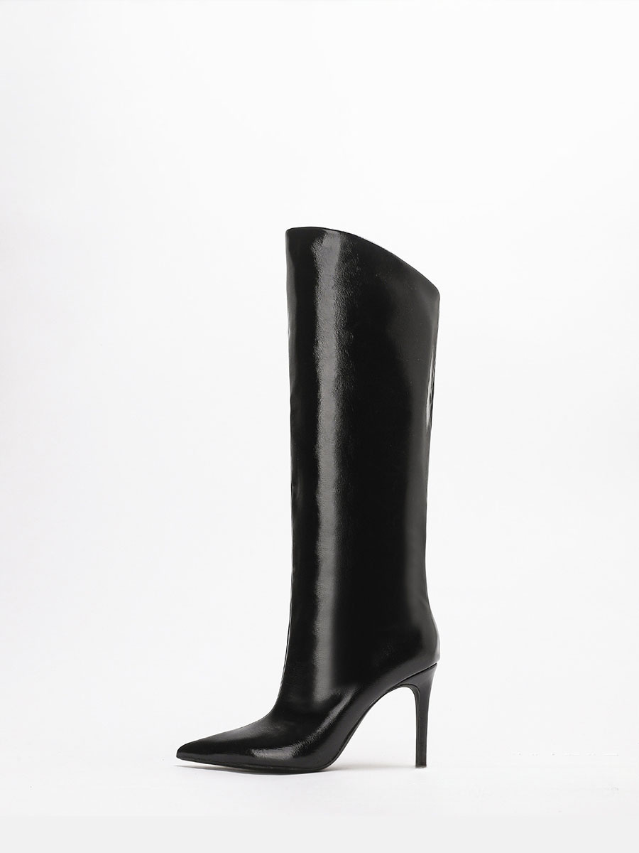Women’s Black Waxed Synthetic Leather Pointed Toe Stiletto Heels Knee High Boots