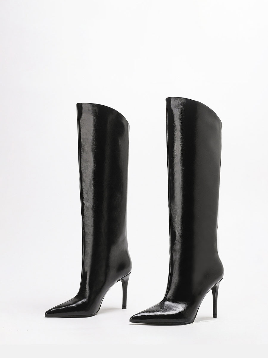 Women’s Black Waxed Synthetic Leather Pointed Toe Stiletto Heels Knee High Boots (2)