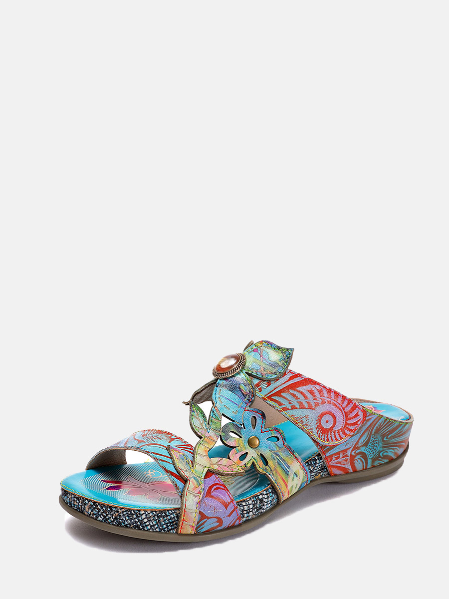 Women’s Blue Canvas Floral Gemstone Crisscross Flat Sandals (1)