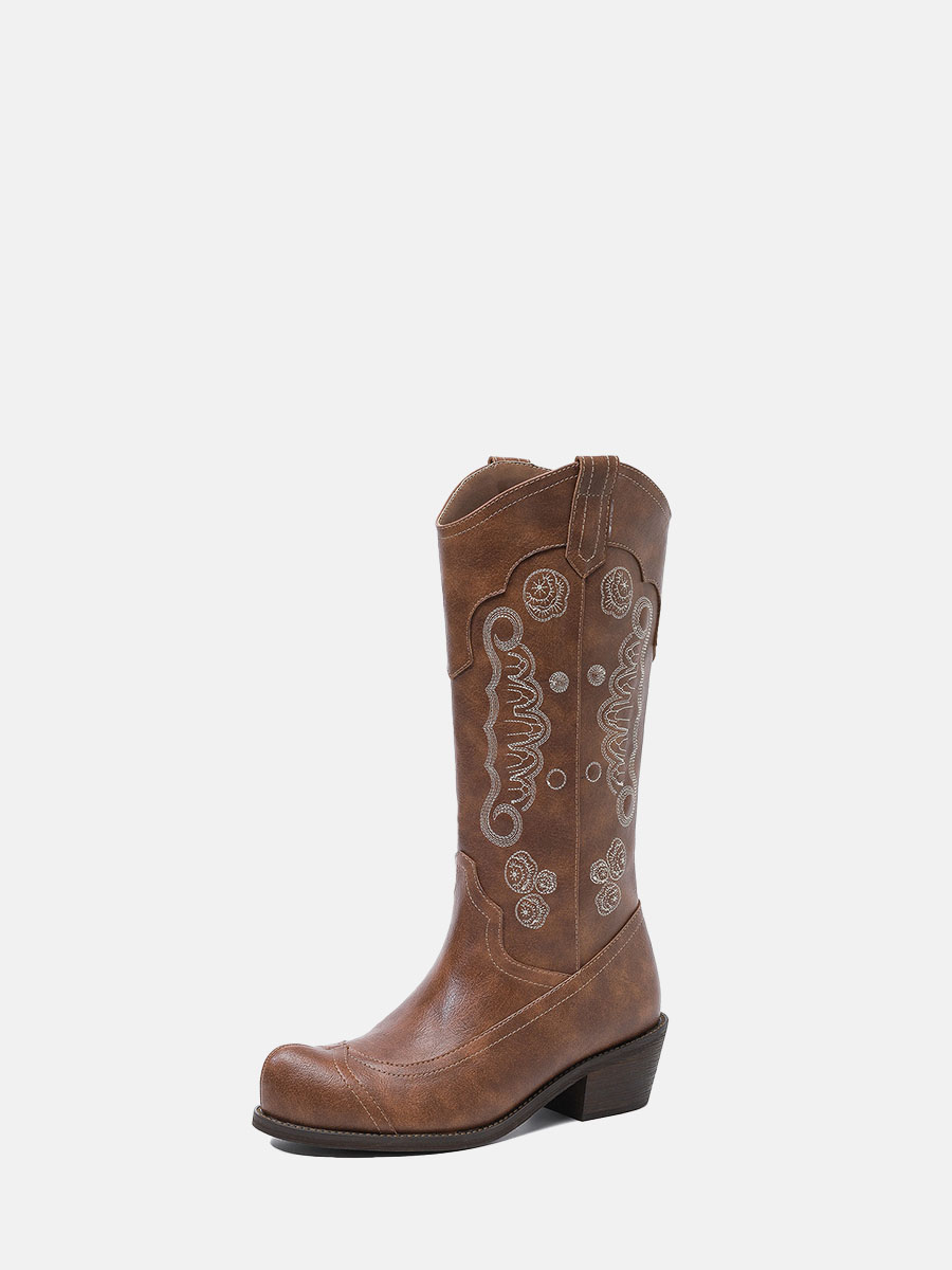 Women’s Brown Cowhide Laminated Embroidery Western Block Heels Mid Calf Boots