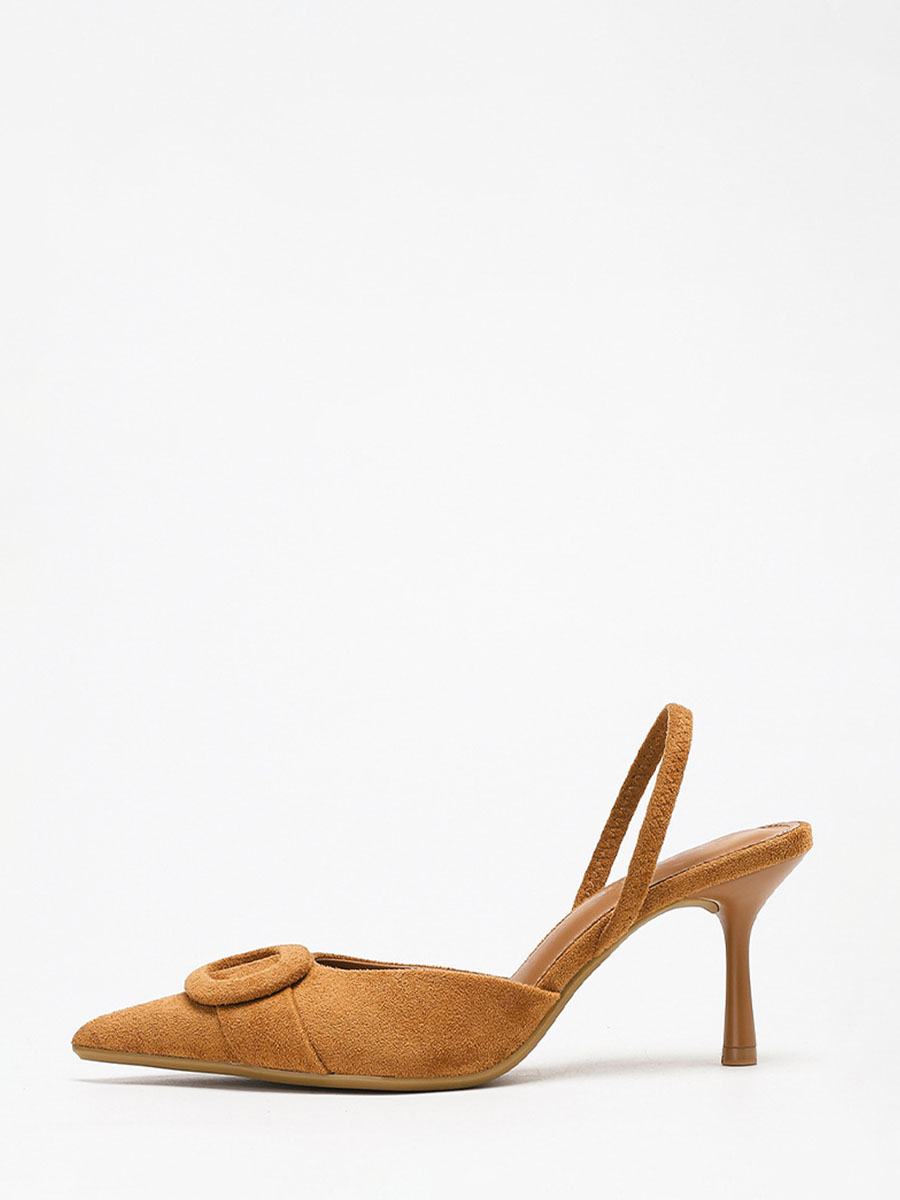 Women’s Brown Suede Slingback Pointed Toe Round Buckle Stiletto Heels Pumps