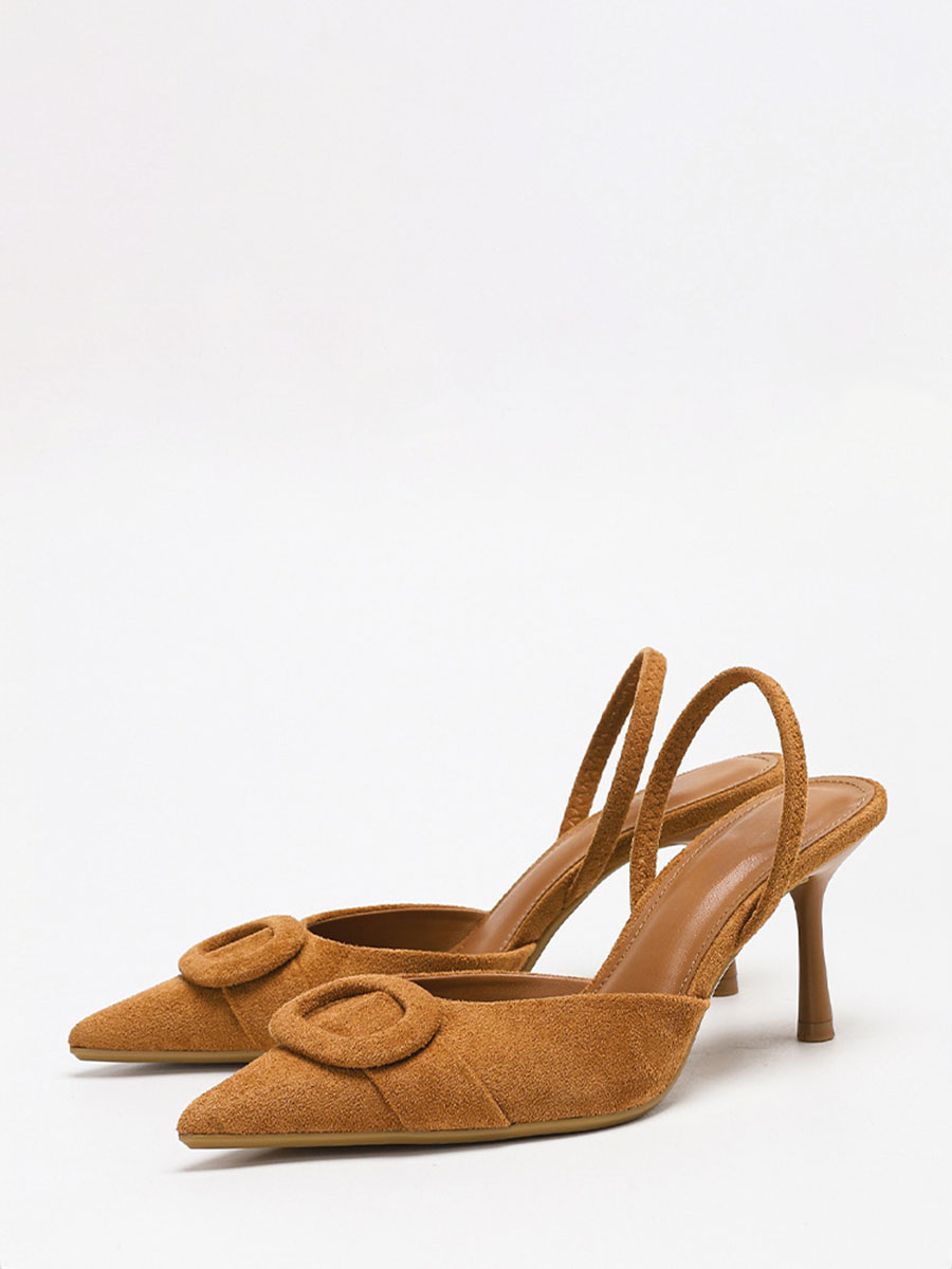 Women’s Brown Suede Slingback Pointed Toe Round Buckle Stiletto Heels Pumps (4)