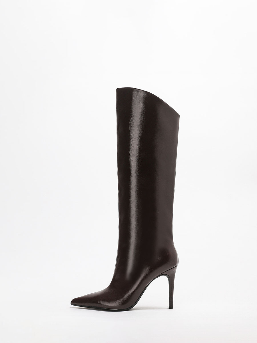 Women’s Coffee Waxed Synthetic Leather Pointed Toe Stiletto Heels Knee High Boots