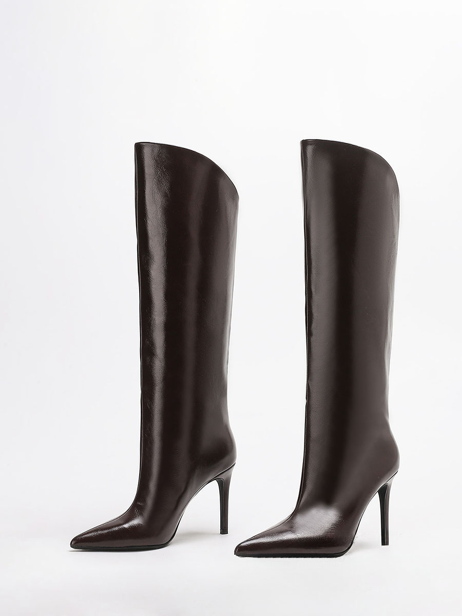 Women’s Coffee Waxed Synthetic Leather Pointed Toe Stiletto Heels Knee High Boots (2)