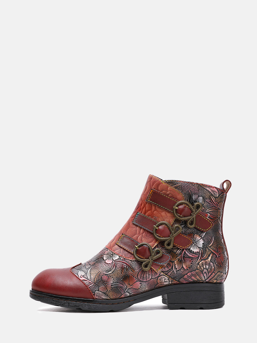 Women’s Cowhide Embossed Floral Buckle Side Zipper Round Toe Block Heels Ankle Boots