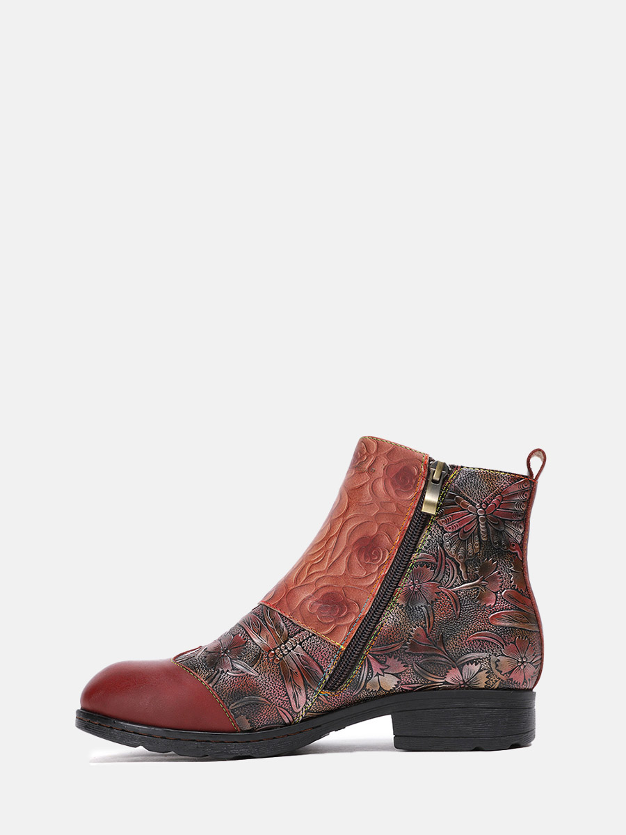 Women’s Cowhide Embossed Floral Buckle Side Zipper Round Toe Block Heels Ankle Boots (8)