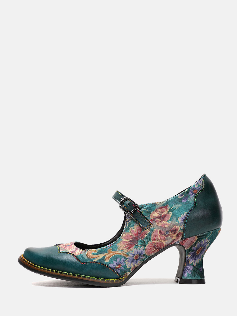 Women’s Cowhide Floral Mary Jane Buckle Round Toe Cone Heels Pumps