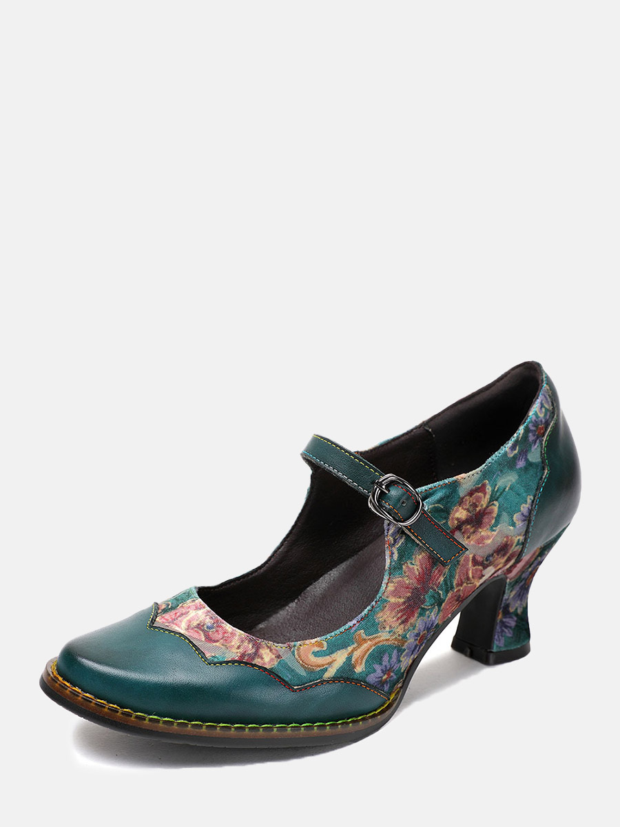 Women’s Cowhide Floral Mary Jane Buckle Round Toe Cone Heels Pumps (4)
