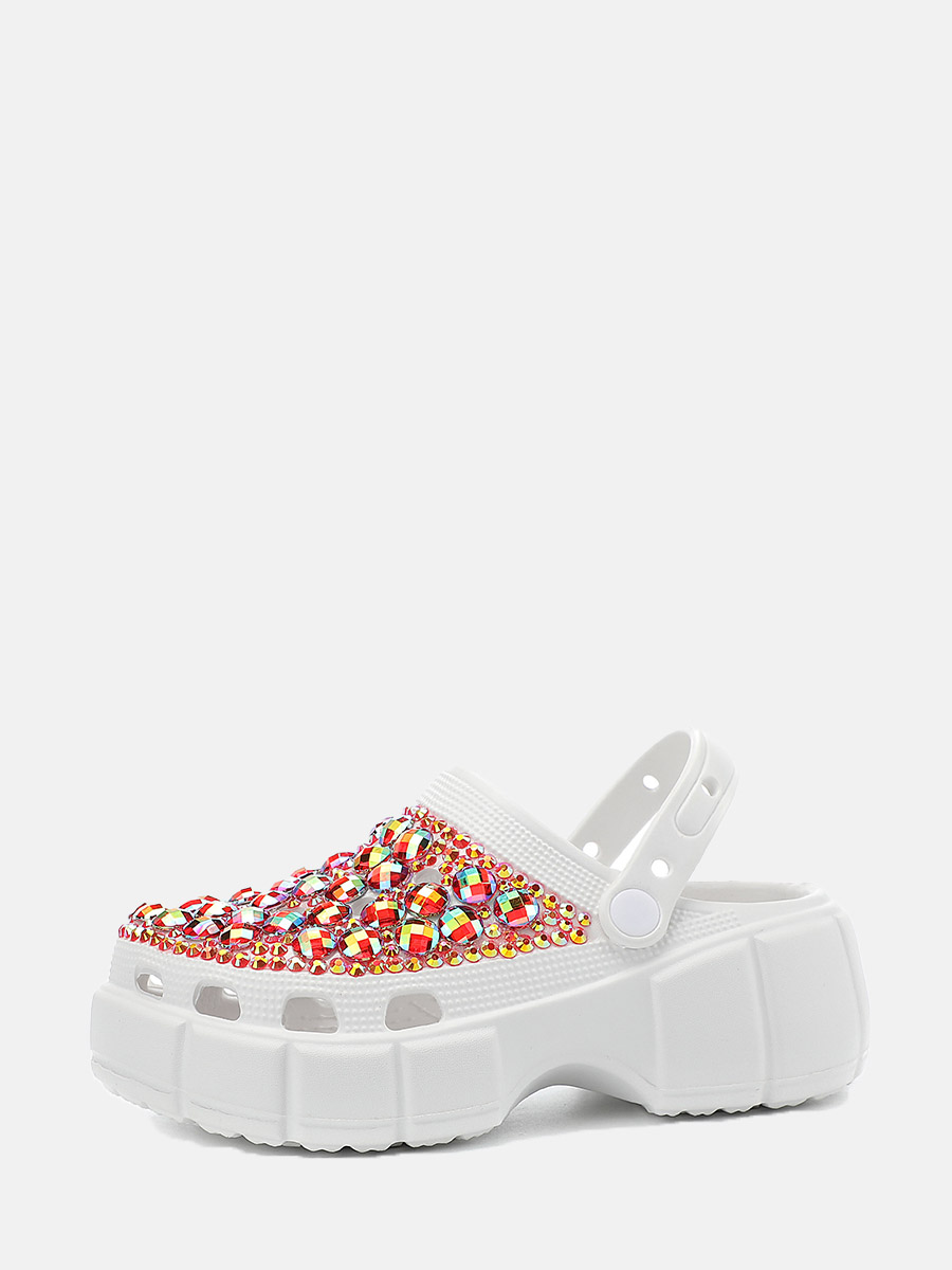 Women’s EVA Rhinestones-Embellished Platform Round Toe Beach Flats Slide Sandals