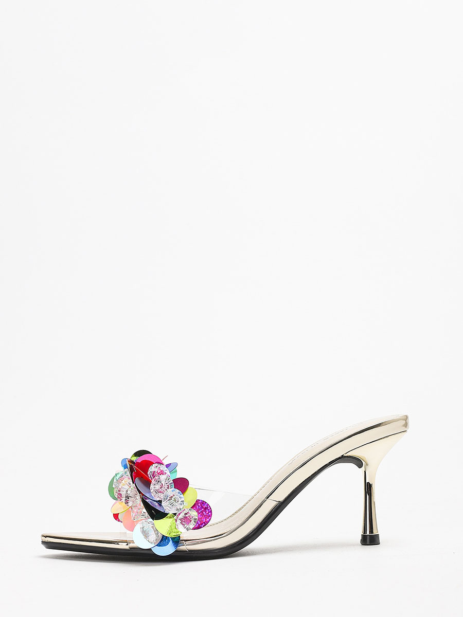 Women’s Gold Metallic PU Colorful Sequins Rhinestone Open Toe Stiletto Heels Clear Mule Sandals
