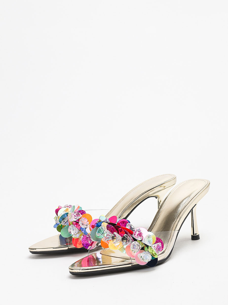Women’s Gold Metallic PU Colorful Sequin Rhinestone Open Toe Stiletto Heels Clear Mule Sandals (2)