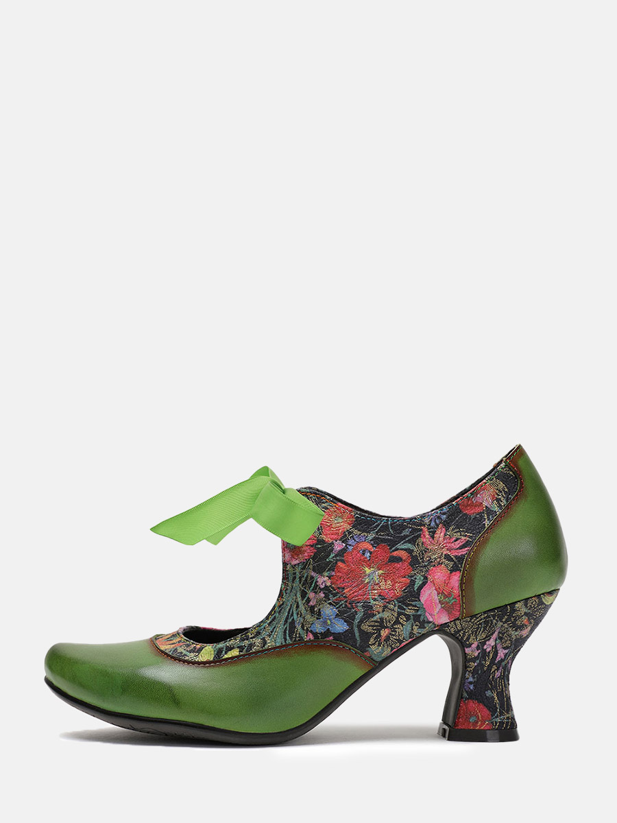 Women’s Green Leather Floral Ribbon Lace-Up Mary Jane Round Toe Cone Heels Pumps