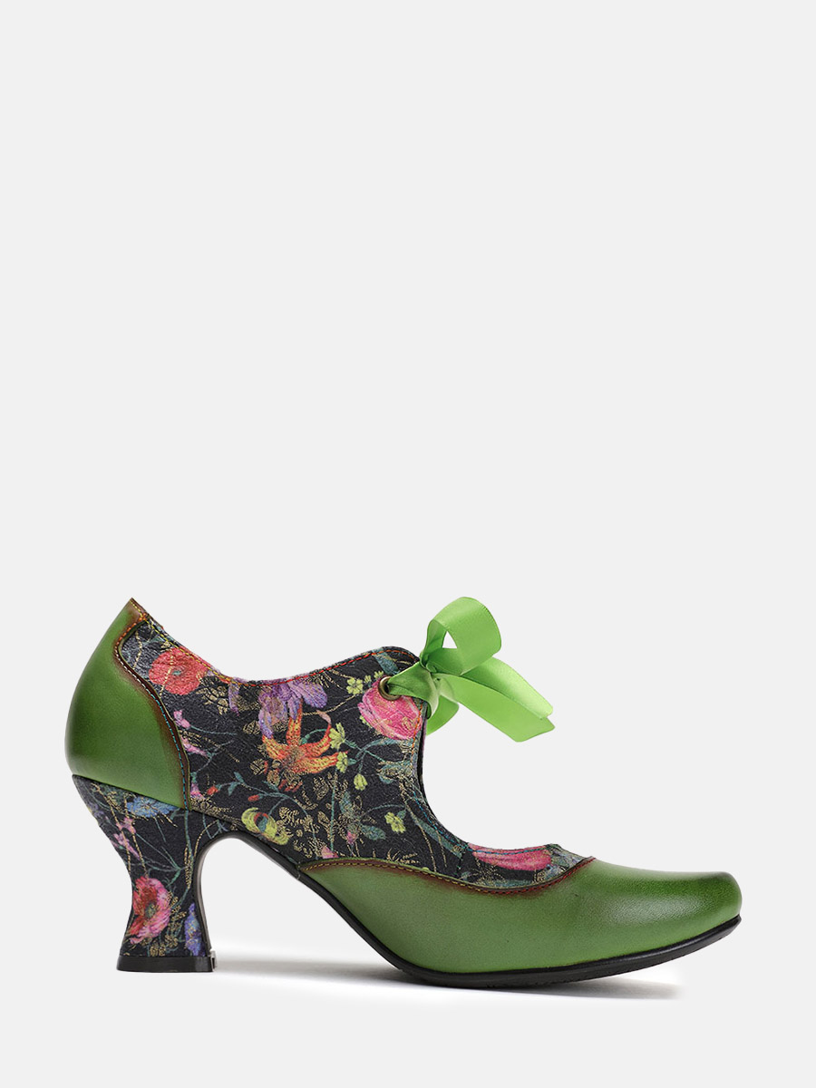 Women’s Green Leather Floral Ribbon Lace-Up Mary Jane Round Toe Cone Heels Pumps (2)