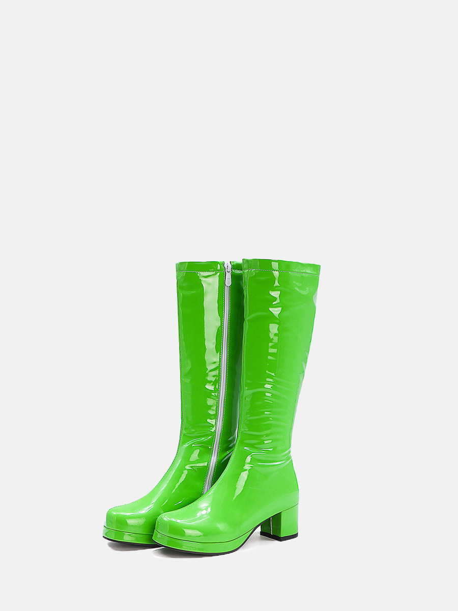 Women’s Green Patent Leather Side Zipper Chunky Heels Platform Knee High Boots
