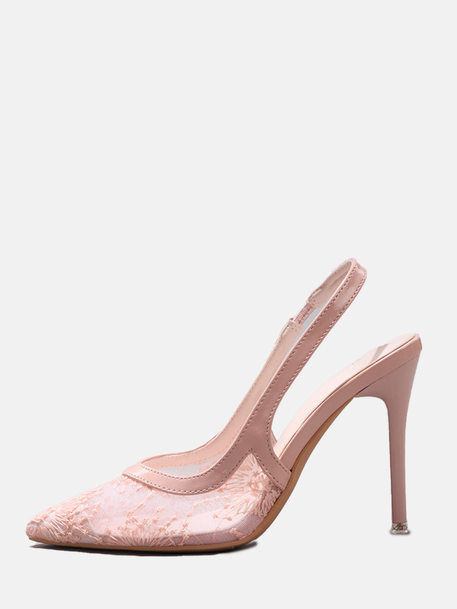 Women’s Light Pink Mesh Lace Slingback Stiletto Heels Pointed Toe Pumps