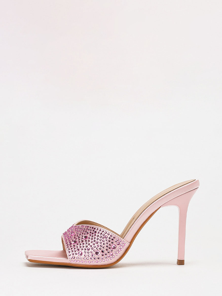 Women’s Light Pink Satin Square Toe Rhinestone Stiletto Heels Mule Sandals