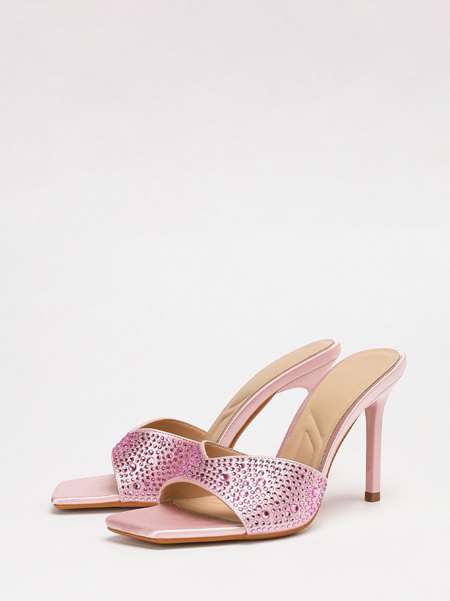 Women’s Light Pink Satin Square Toe Rhinestone Stiletto Heels Mule Sandals (4)