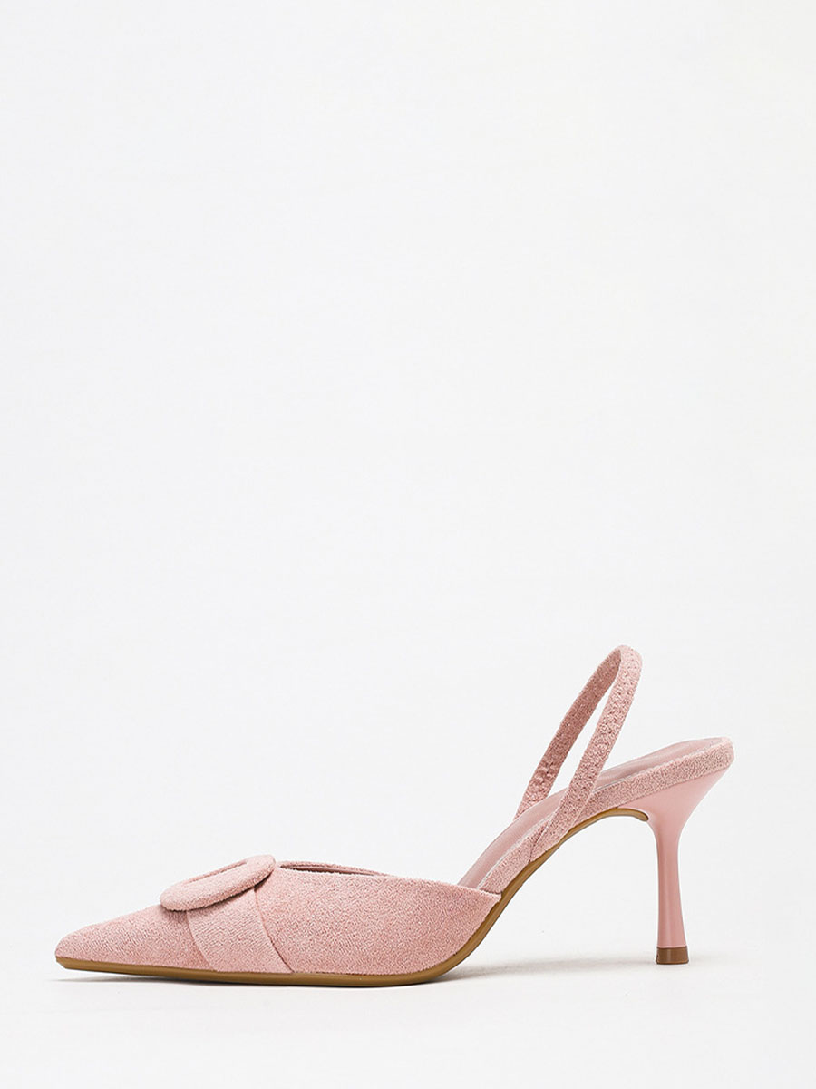 Women’s Light Pink Suede Slingback Pointed Toe Round Buckle Stiletto Heels Pumps