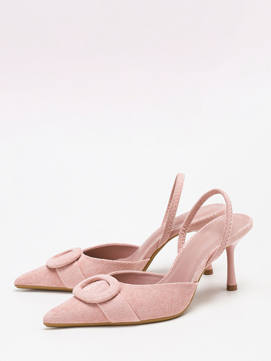 Women’s Light Pink Suede Slingback Pointed Toe Round Buckle Stiletto Heels Pumps (2)
