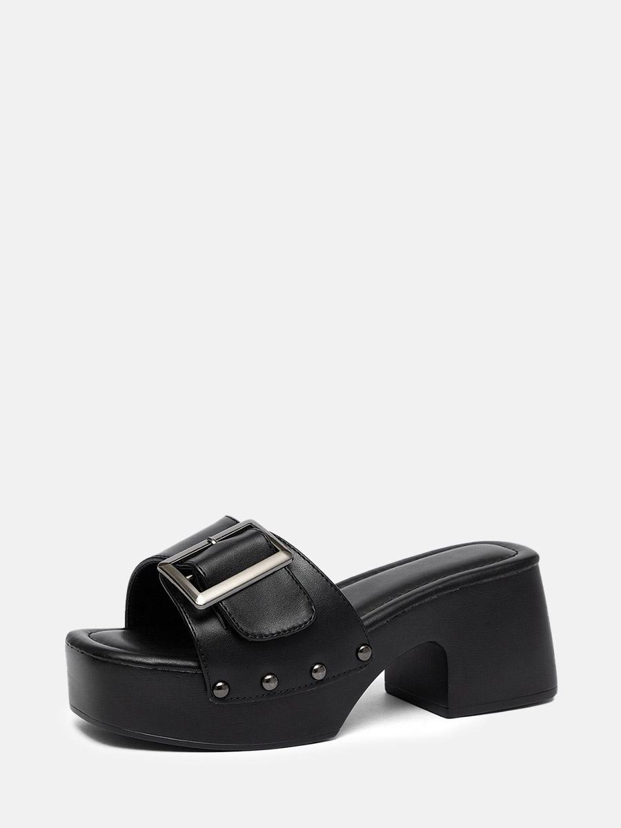 Women’s Matte PU Buckle Studded Platform Chunky Heels Open Toe Mules (1)