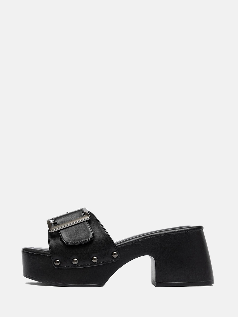 Women’s Matte PU Buckle Studded Platform Chunky Heels Open Toe Mules