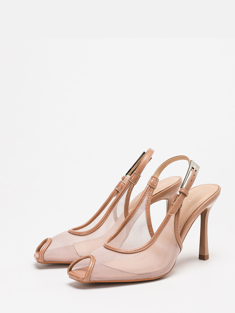 Women’s Nude Mesh Synthetic Buckle Stiletto Heels Slingback Peep Toe Sandals (1)