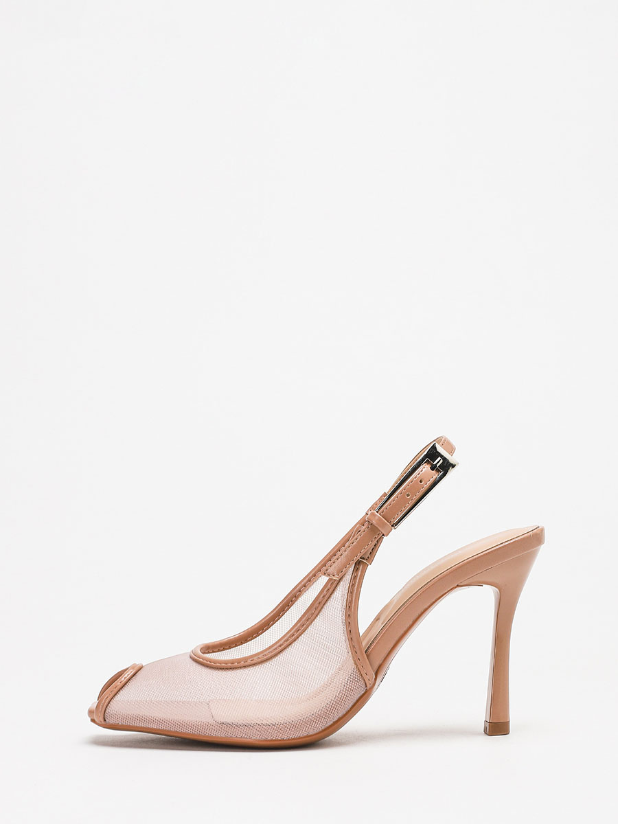 Women’s Nude Mesh Synthetic Buckle Stiletto Heels Slingback Peep Toe Sandals