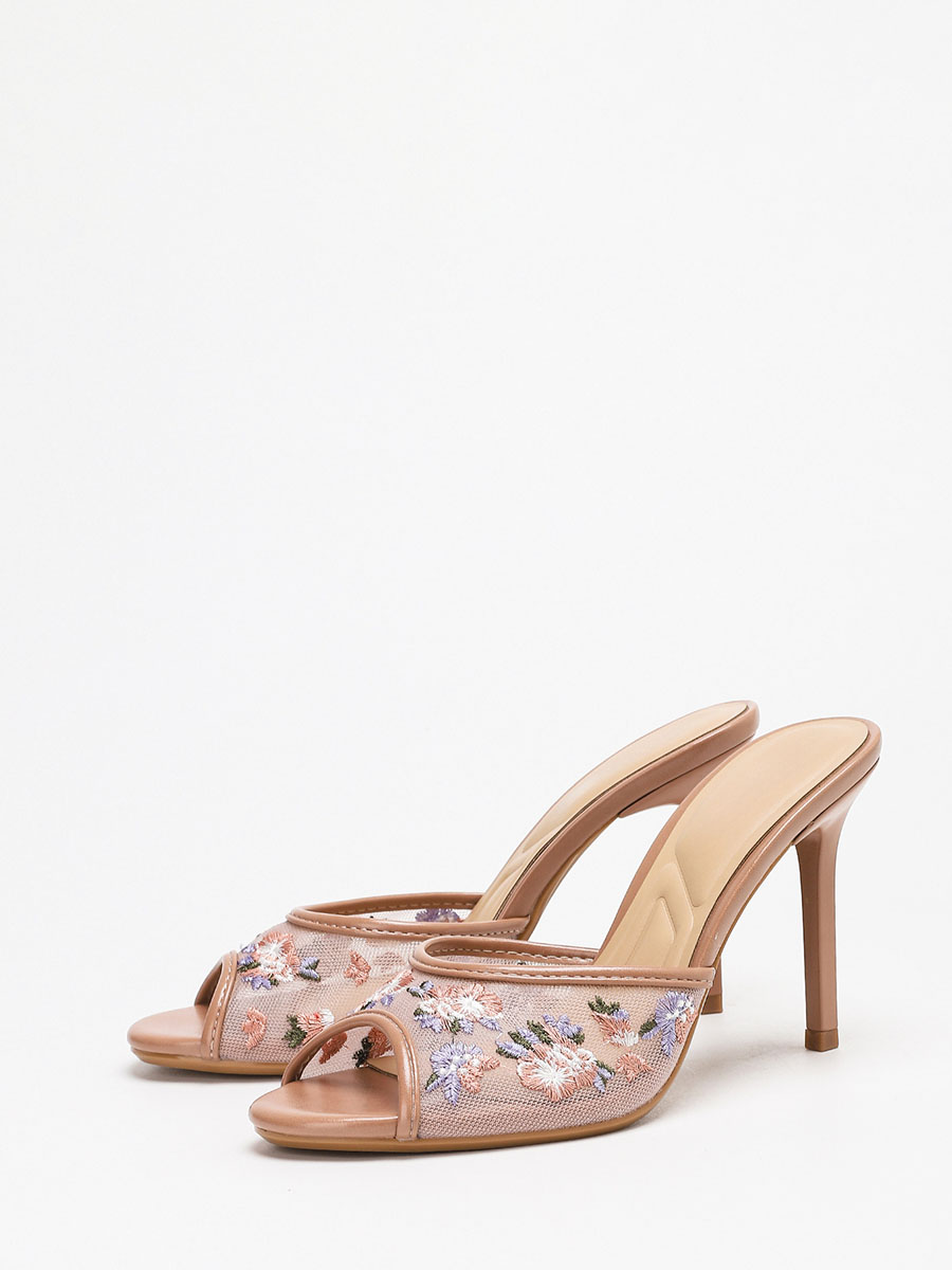Women’s Nude PU Mesh Floral Embroidered Peep Toe Stiletto Heels Mules (2)
