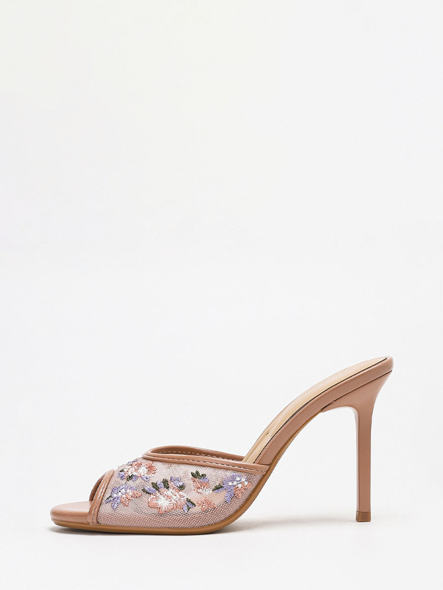 Women’s Nude Synthetic Leather Embroidered Floral Mesh Peep Toe Stiletto Heels Mules