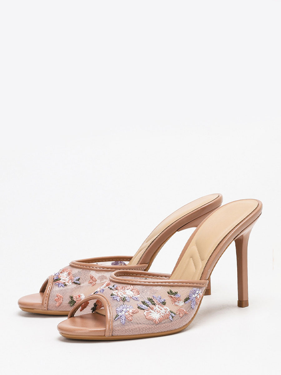 Women’s Nude Synthetic Leather Embroidered Floral Mesh Peep Toe Stiletto Heels Mules (3)