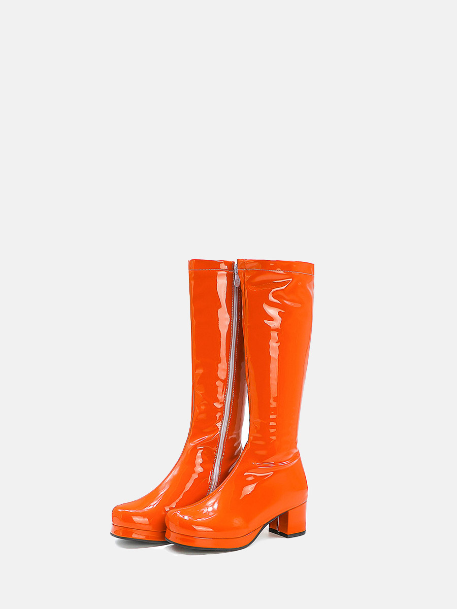 Women’s Orange Patent Leather Side Zipper Chunky Heels Platform Knee High Boots