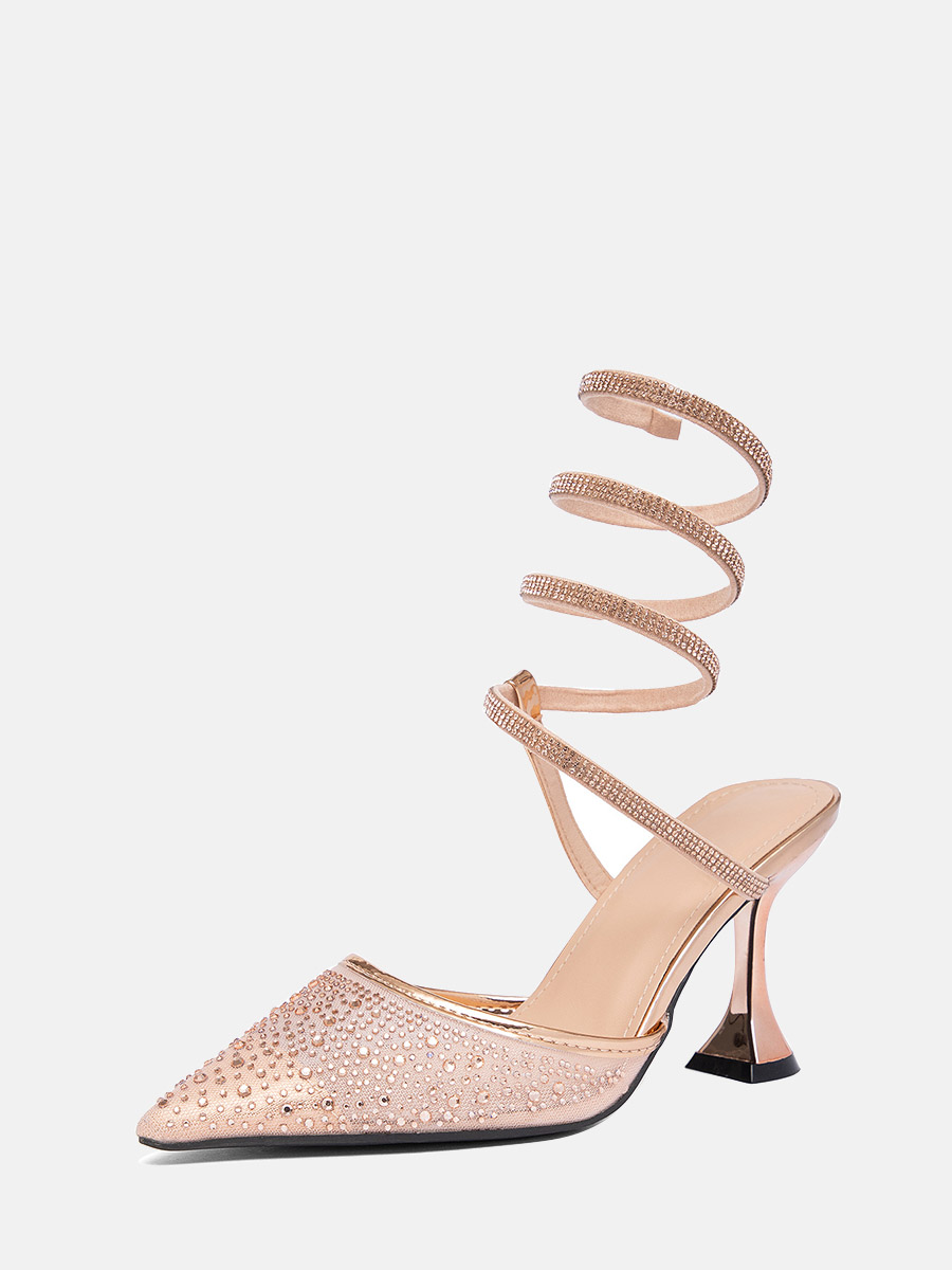 Women’s PU Rhinestone Wrap Strappy Pointed Toe Spool Heels (1)