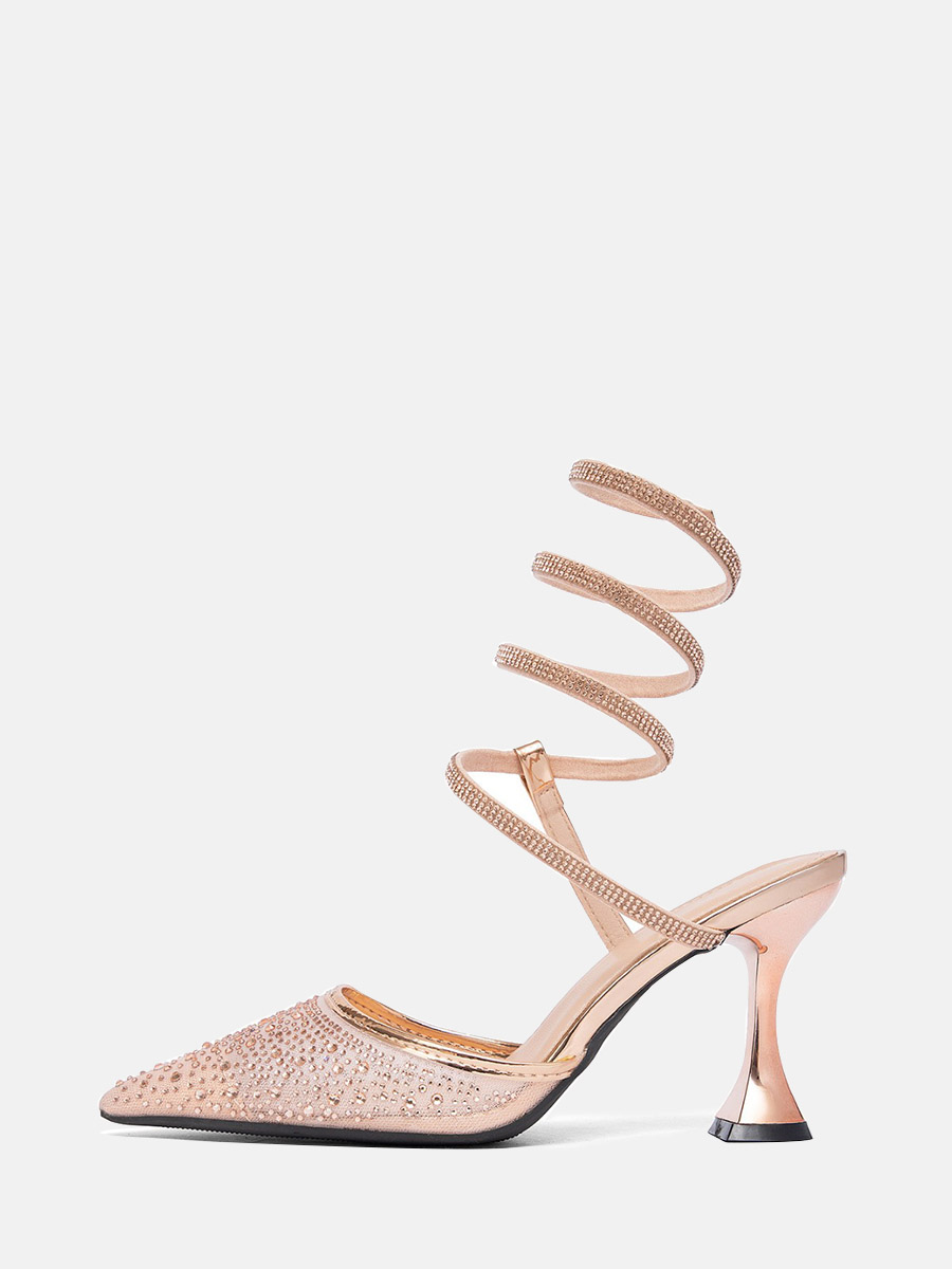 Women’s PU Rhinestone Wrap Strappy Pointed Toe Spool Heels