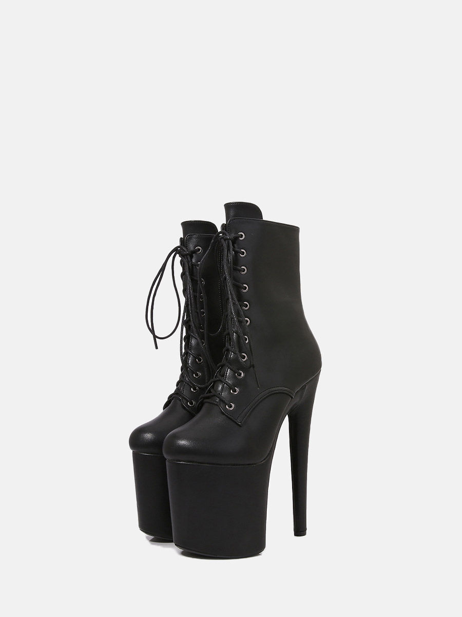 Women’s PU Side Zipper Lace-Up Platform Round Toe Stiletto Heels Ankle Boots