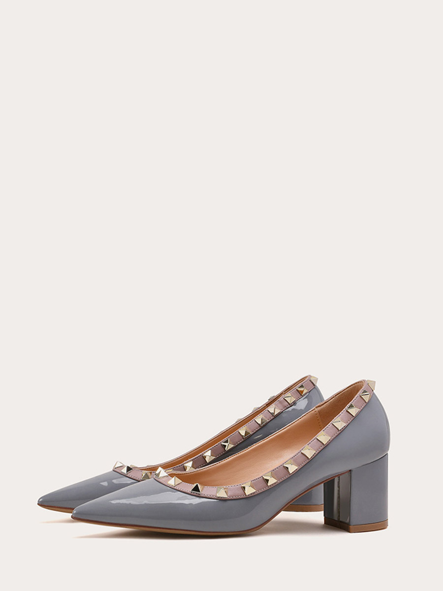 Women’s Patent Cowhide Studded Block Heels Pointed Toe Pumps (12)
