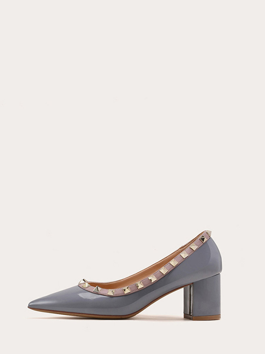 Women’s Patent Cowhide Studded Block Heels Pointed Toe Pumps