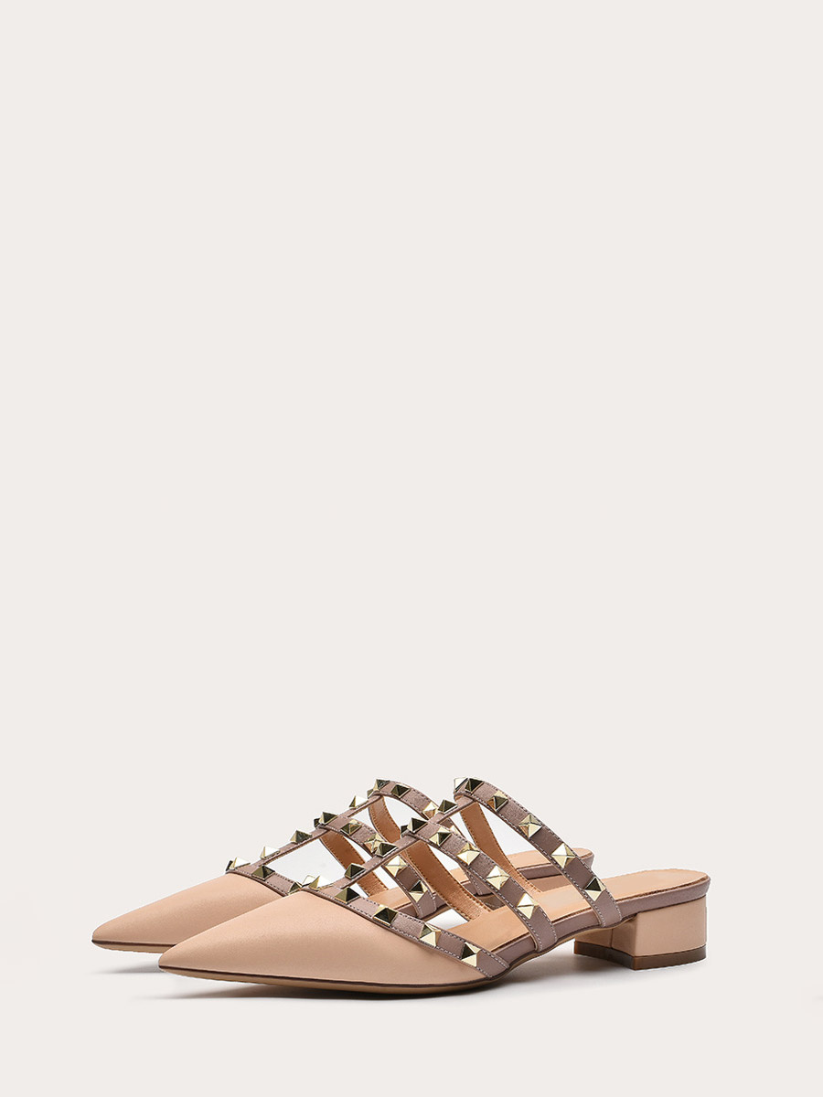 Women’s Patent Leather Studded Strappy Cut-Out Pointed Toe Low Block Heels Mules