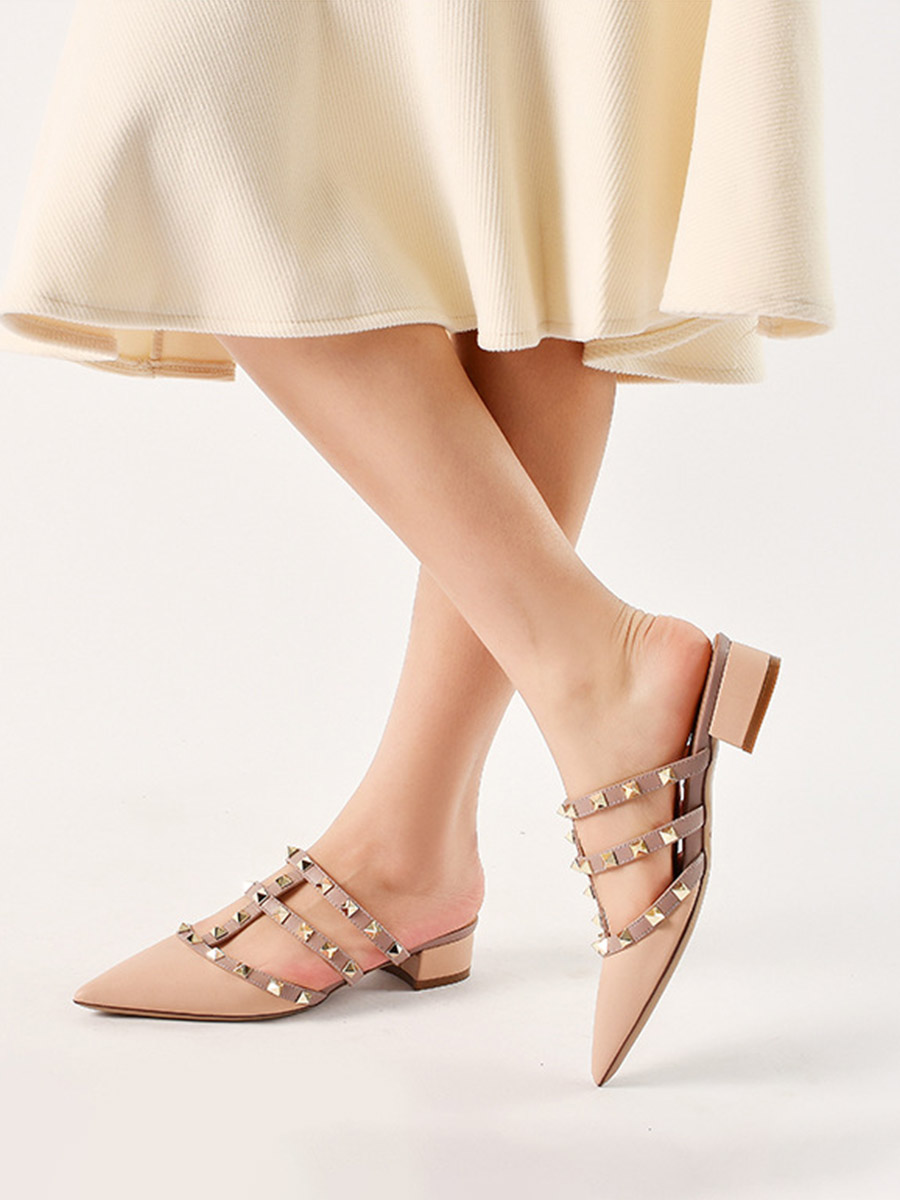 Women’s Patent Leather Studded Strappy Cut-Out Pointed Toe Low Block Heels Mules (4)