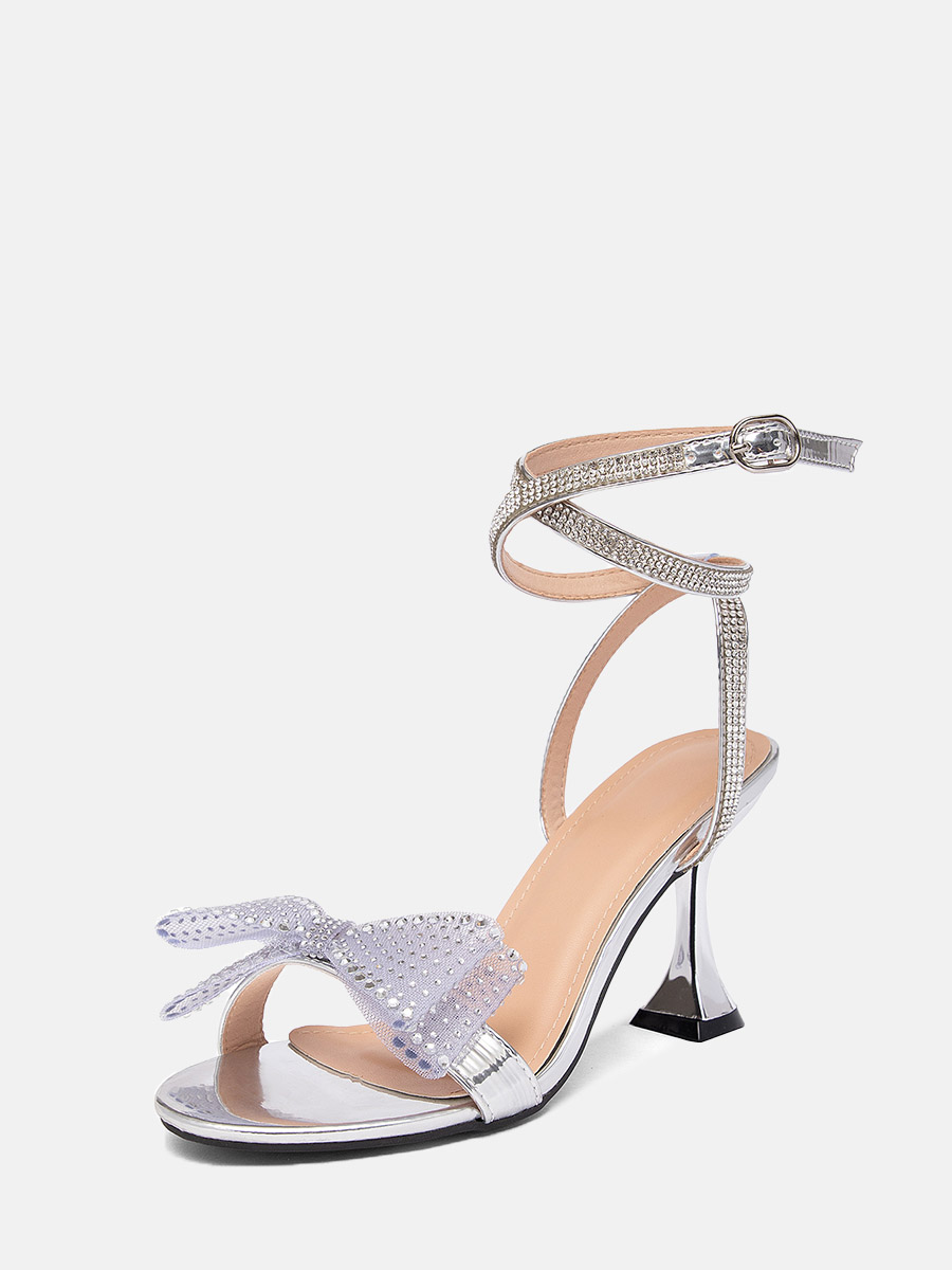 Women’s Patent PU Rhinestone Bow Buckle Strappy Spool Heels Sandals (1)