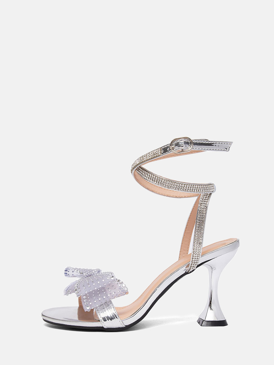 Women’s Patent PU Rhinestone Bow Buckle Strappy Spool Heels Sandals