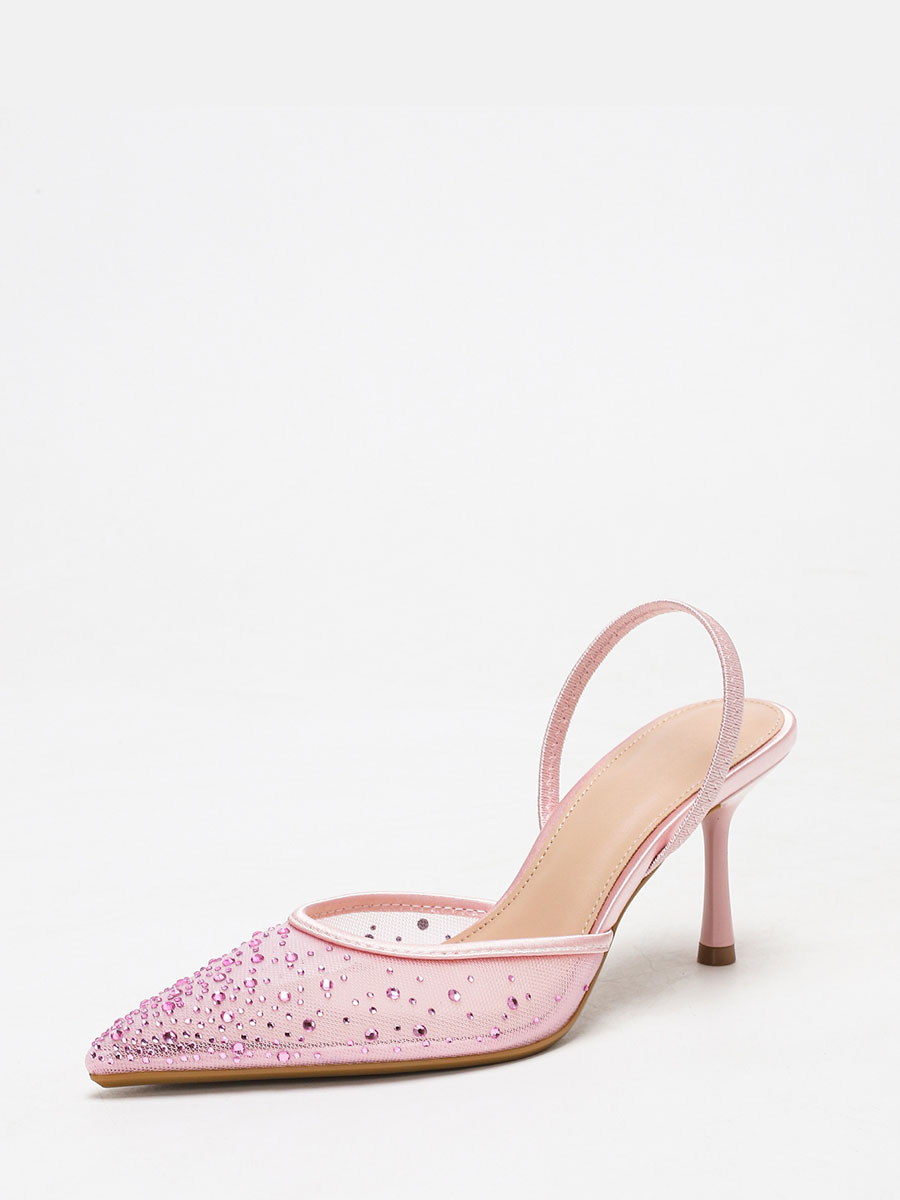 Women’s Pink PU Mesh Pointed Toe Rhinestone Slingback Stiletto Heels Pumps