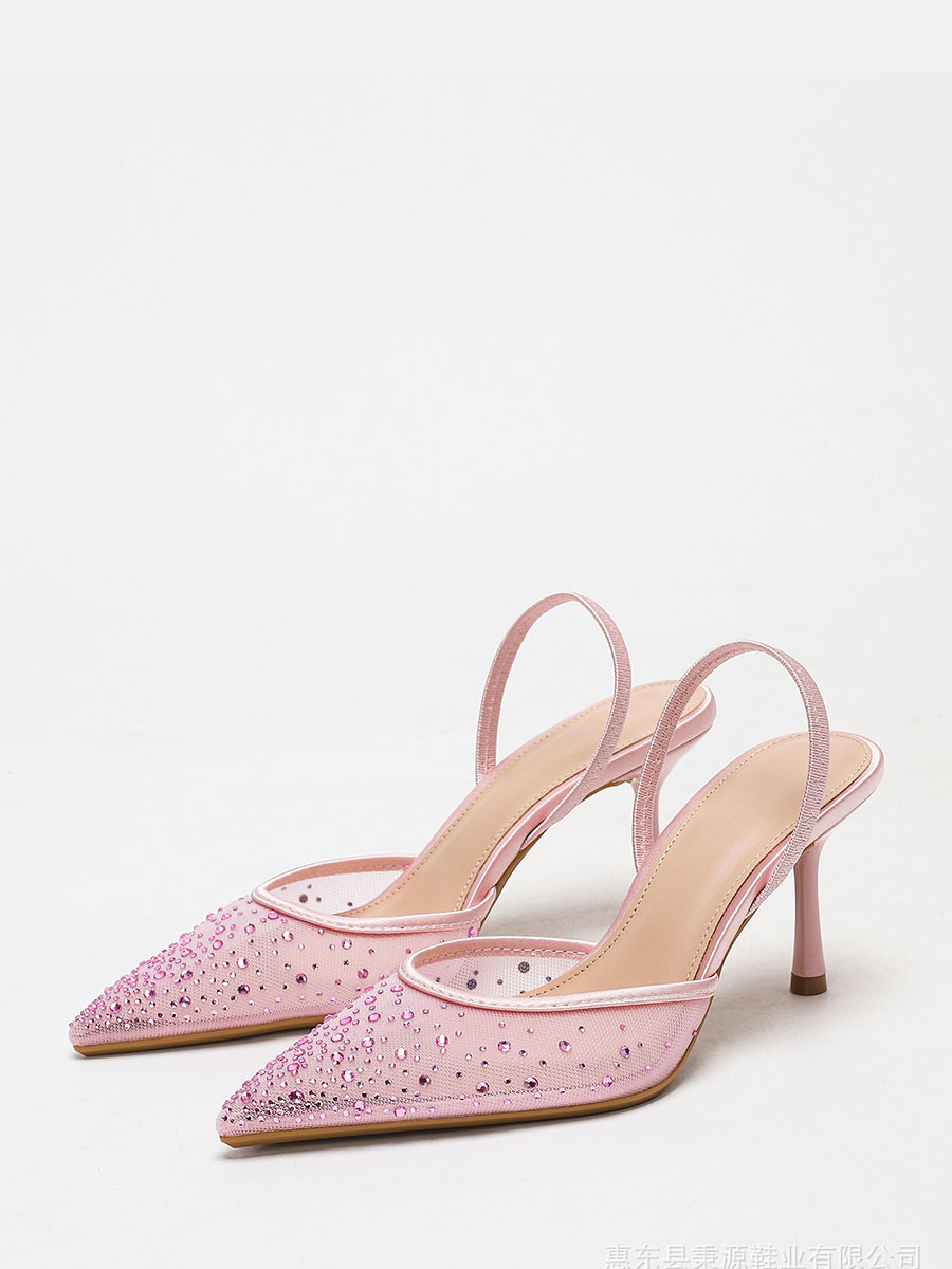 Women’s Pink PU Mesh Pointed Toe Rhinestone Slingback Stiletto Heels Pumps (2)
