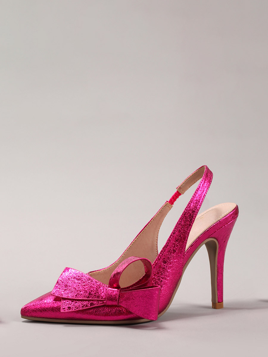 Women’s Pink Patent Leather Bow Slingback Stiletto Heels Pointed Toe Pumps