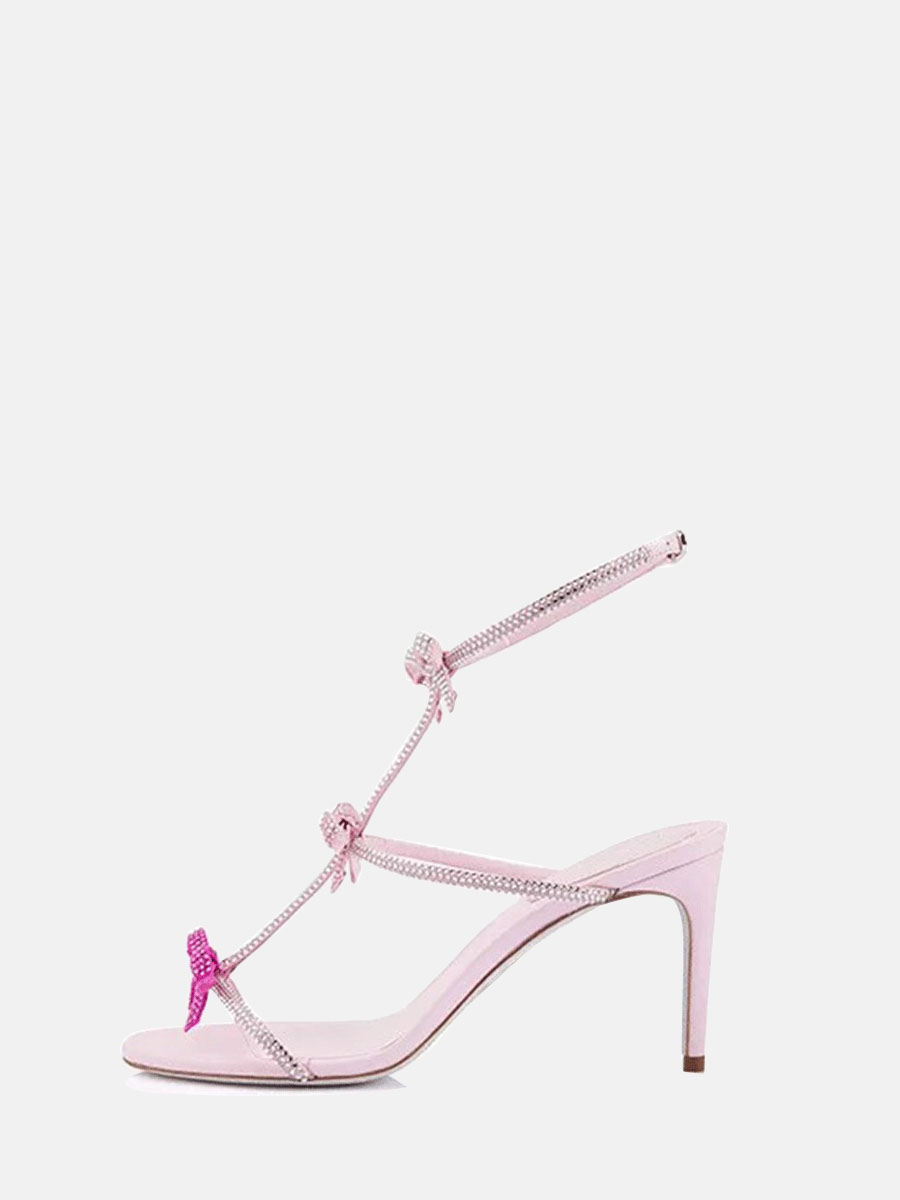 Women’s Pink Suede Rhinestone Bow Lambskin Ankle Strap Stiletto Heels Sandals