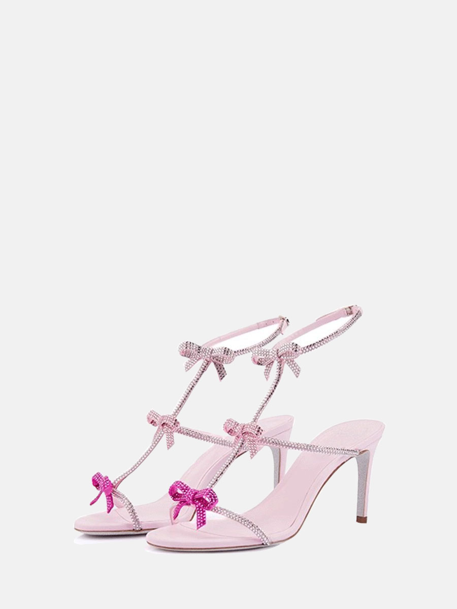 Women’s Pink Suede Rhinestone Bow Lambskin Ankle Strap Stiletto Heels Sandals (2)