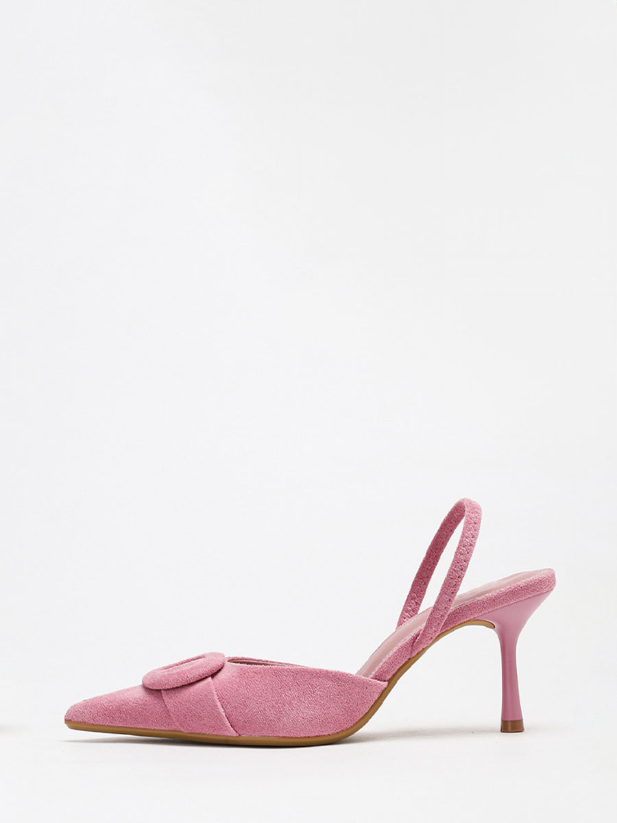 Women’s Pink Suede Slingback Pointed Toe Round Buckle Stiletto Heels Pumps