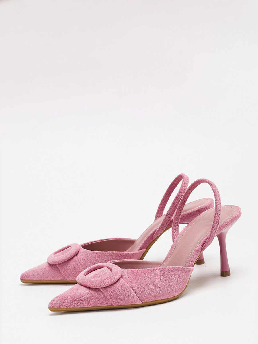 Women’s Pink Suede Slingback Pointed Toe Round Buckle Stiletto Heels Pumps (2)