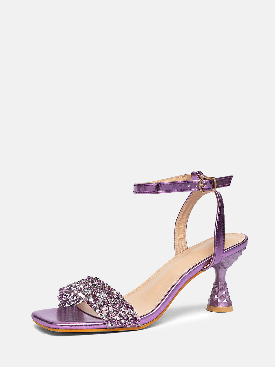 Women’s Purple Metallic PU Rhinestone Buckle Ankle Strap Square Toe Spool Heels Sandals (1)