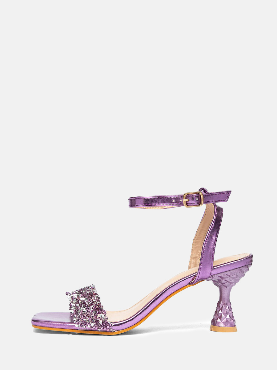 Women’s Purple Metallic PU Rhinestone Buckle Ankle Strap Square Toe Spool Heels Sandals