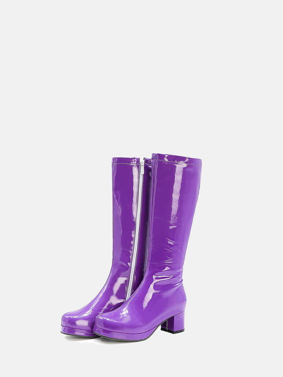 Women’s Purple Patent Leather Side Zipper Chunky Heels Platform Knee High Boots